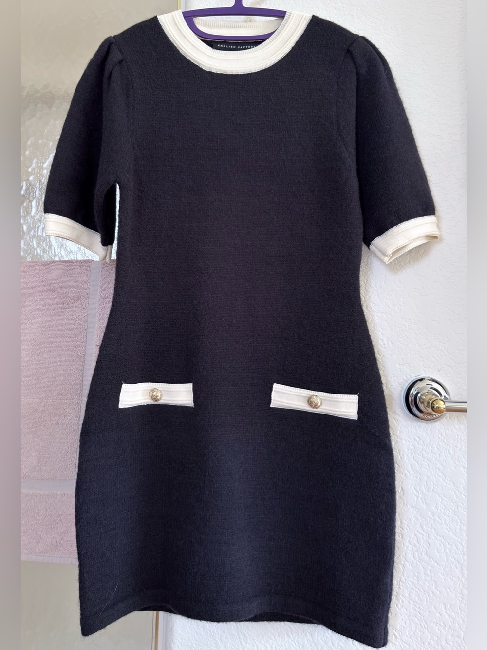 NWOT English Factory Black Knit Mini Dress with Cream Trim SMALL